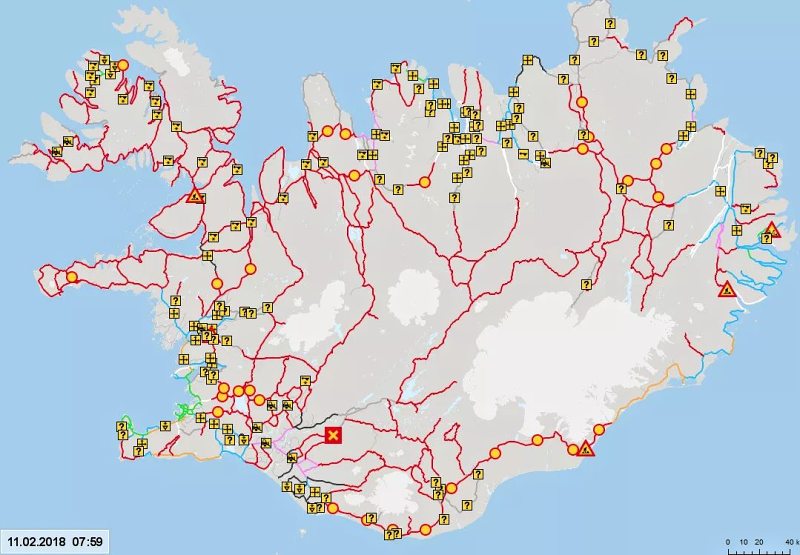 Uzavřené silnice Islandu. Až na pár výjimek nejvíce průjezdná jen hlavní silnice u ledovce Vatnajökull.